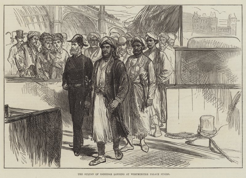 Der Sultan von Sansibar landet an den Westminster Palace Stairs (Stich) von English School