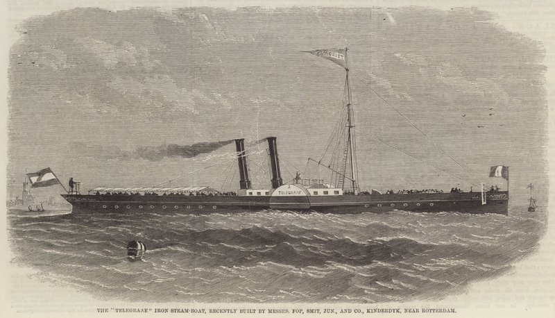Das eiserne Dampfschiff "Telegraaf", kürzlich gebaut von Messers Fop, Smit, Junior und Company, Kinderdyk, in der Nähe von Rotterdam von English School