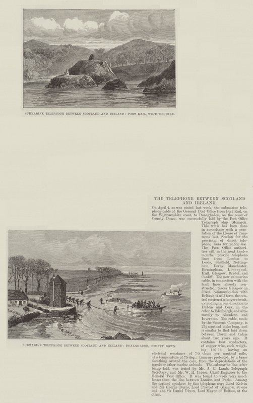 Das Telefon zwischen Schottland und Irland (Gravur) von English School