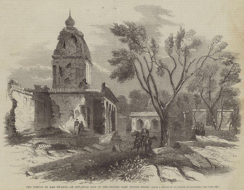 Der Tempel von Ram Swamee, ein vorgeschobener Posten des britischen Lagers vor Delhi (Stich) von English School