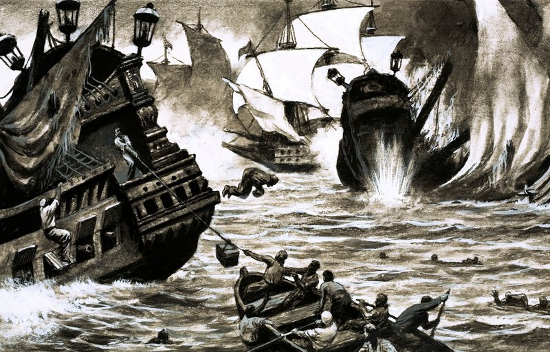 Die Schatzjäger: Spaniens versunkene Beute (Gouache auf Papier) von English School