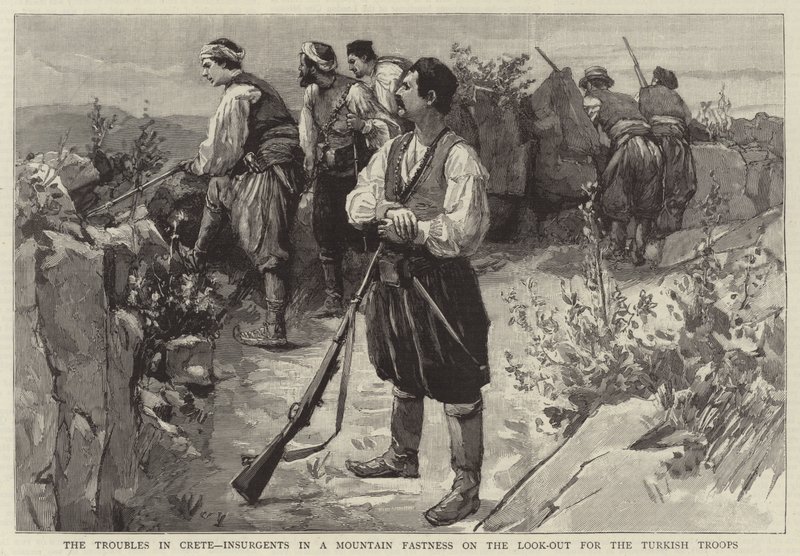 Die Unruhen auf Kreta, Aufständische in einer Bergfestung auf der Suche nach türkischen Truppen (Gravur) von English School