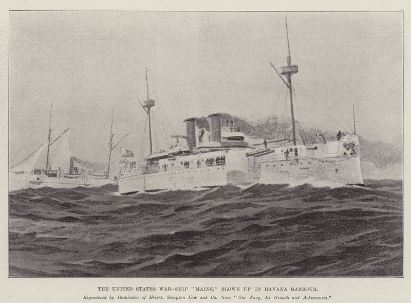 Das Kriegsschiff der Vereinigten Staaten "Maine", in Havanna Hafen gesprengt (Lithografie) von English School