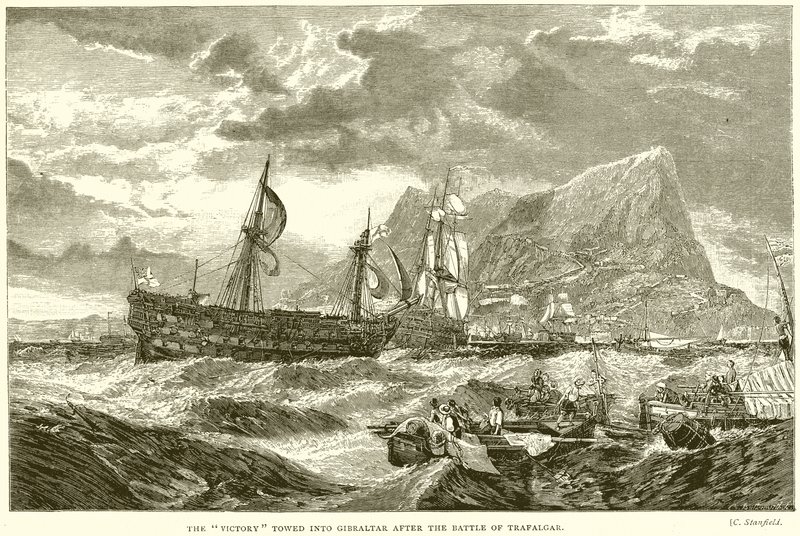 Die Victory wird nach der Schlacht von Trafalgar nach Gibraltar geschleppt von English School