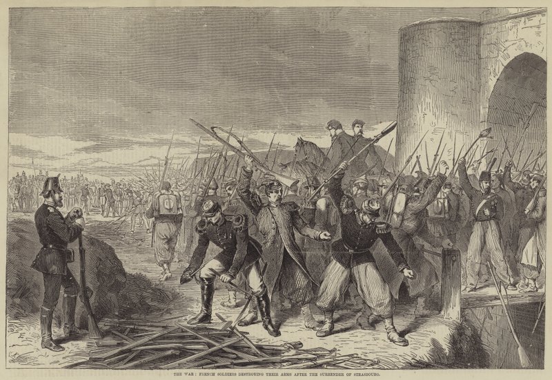 Der Krieg, französische Soldaten zerstören ihre Waffen nach der Kapitulation von Straßburg (Stich) von English School