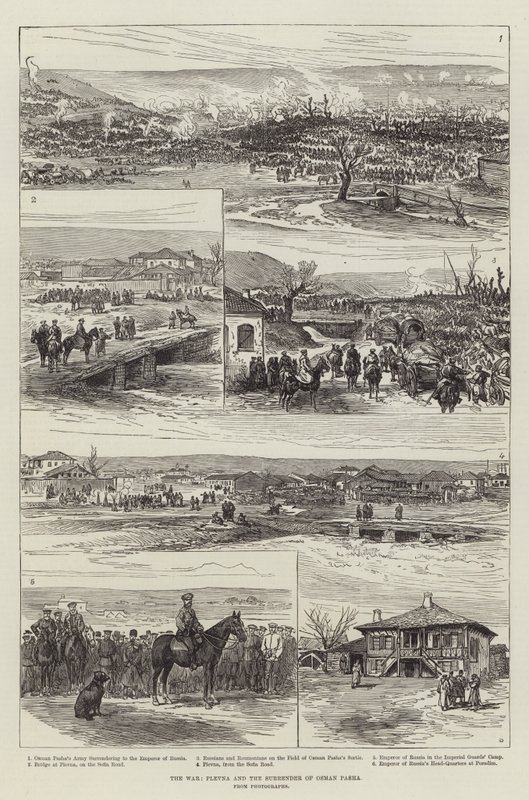 Der Krieg, Plewna und die Kapitulation von Osman Pascha (Gravur) von English School