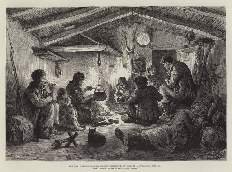 Der Krieg, russische Soldaten machen es sich in einem bulgarischen Cottage gemütlich (Gravur) von English School