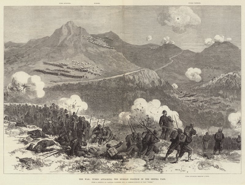 Der Krieg, Türken greifen die russische Position am Shipka-Pass an (Gravur) von English School