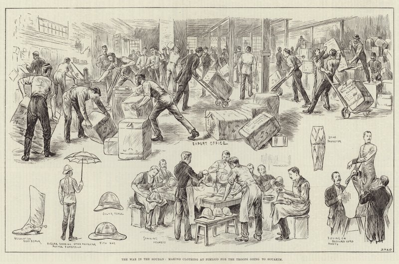 Der Krieg im Sudan, Herstellung von Kleidung in Pimlico für die Truppen, die nach Souakim gehen von English School