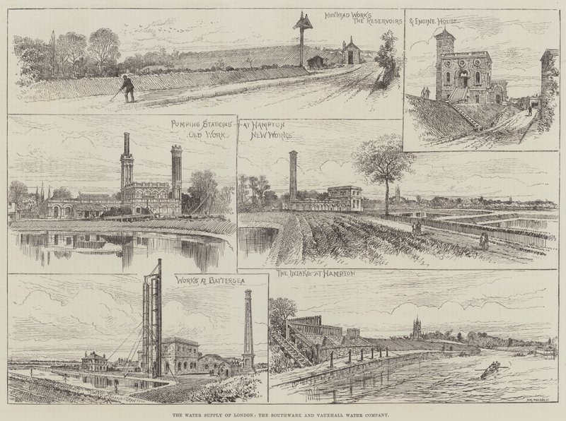 Die Wasserversorgung von London, die Southwark und Vauxhall Water Company (Gravur) von English School