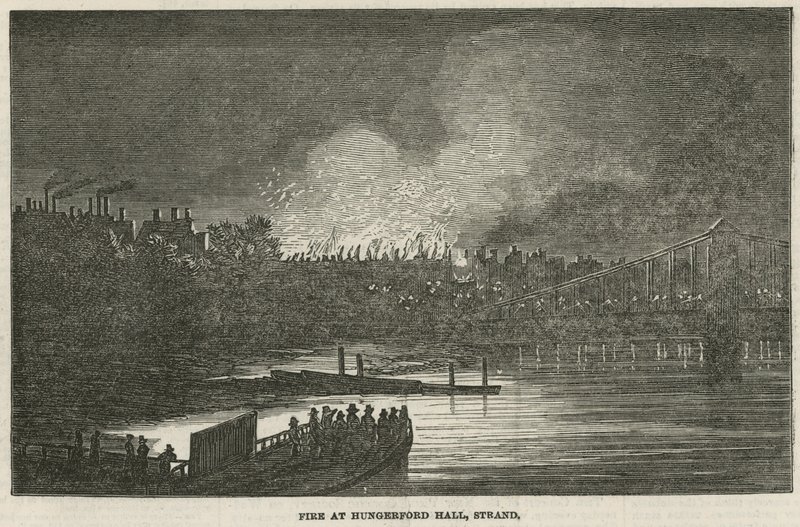 Die Zerstörung von Hungerford Hall durch Feuer, Strand, London von English School