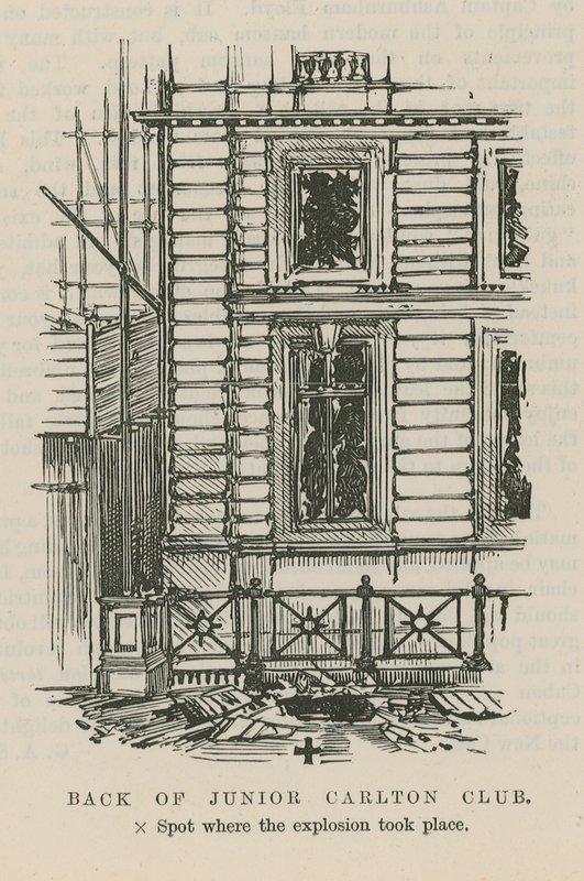 Der Dynamitanschlag in Westminster; Rückseite des Junior Carlton Club von English School