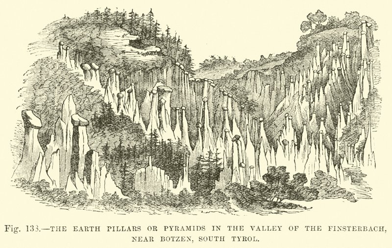 Die Erdsäulen oder Pyramiden im Finsterbachtal, nahe Bozen, Südtirol von English School
