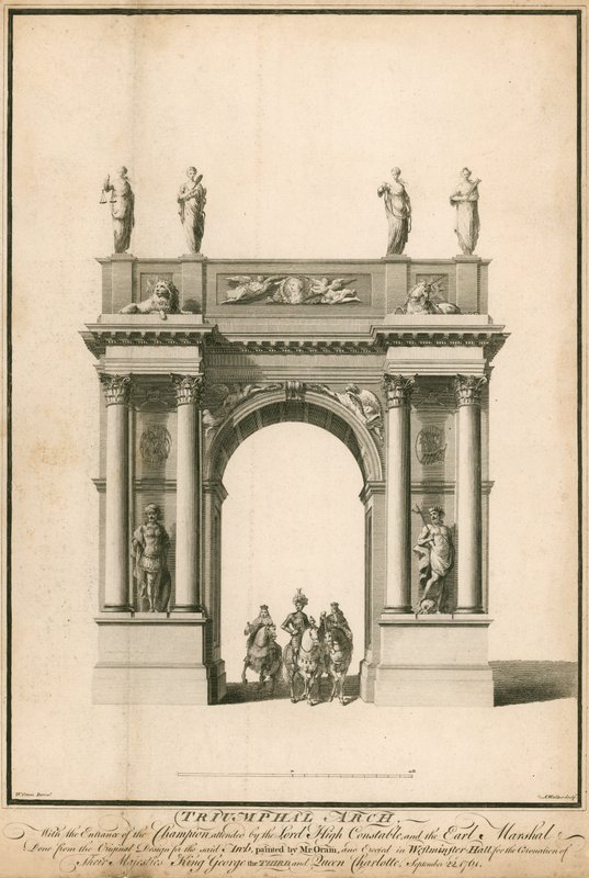 Der Eintritt des Champions, begleitet vom Lord High Constable und dem Earl Marshal, durch den Triumphbogen von English School