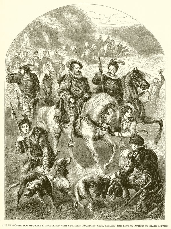 Der Lieblingshund von James I. wird mit einer Petition um den Hals entdeckt, in der der König gebeten wird, sich um Staatsangelegenheiten zu kümmern von English School