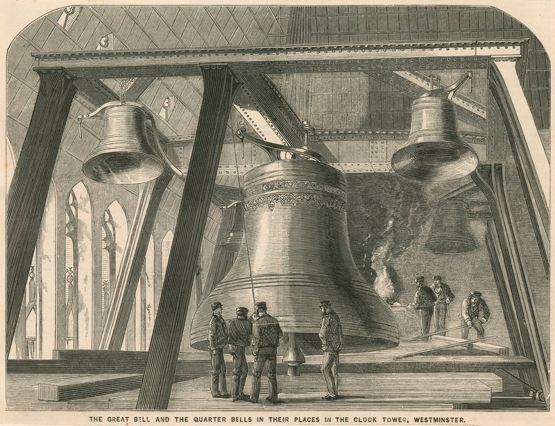 Die große Glocke und die Viertelglocken an ihrem Platz im Uhrturm, Westminster von English School