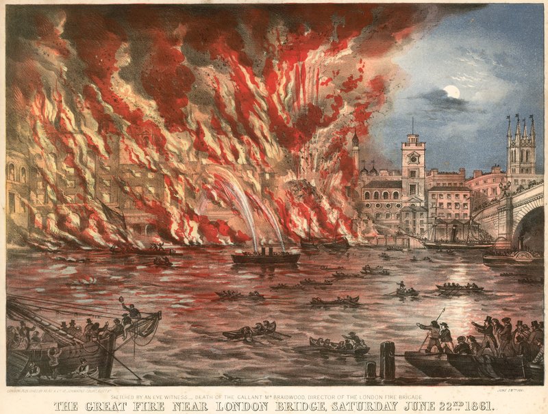 Das große Feuer in der Nähe der London Bridge, Samstag, 22. Juni 1861 von English School