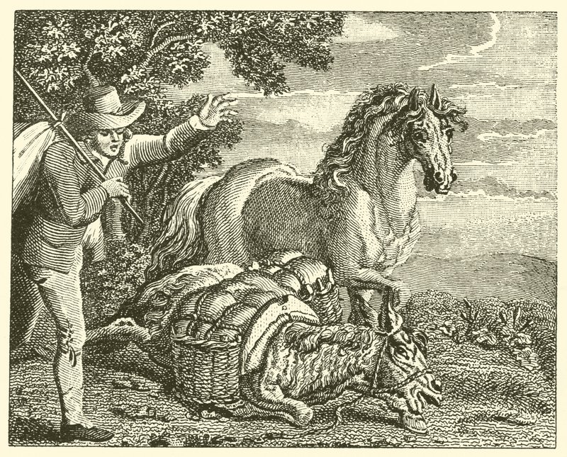 Das Pferd und der beladene Esel (Gravur) von English School