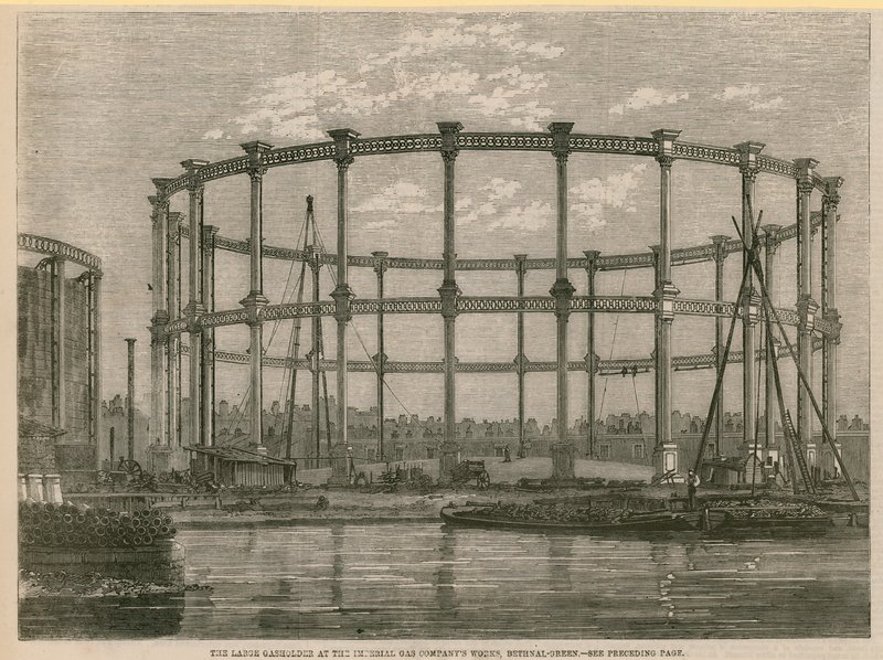 Der große Gasspeicher bei den Imperial Gas Company Werken, Bethnal Green, London von English School