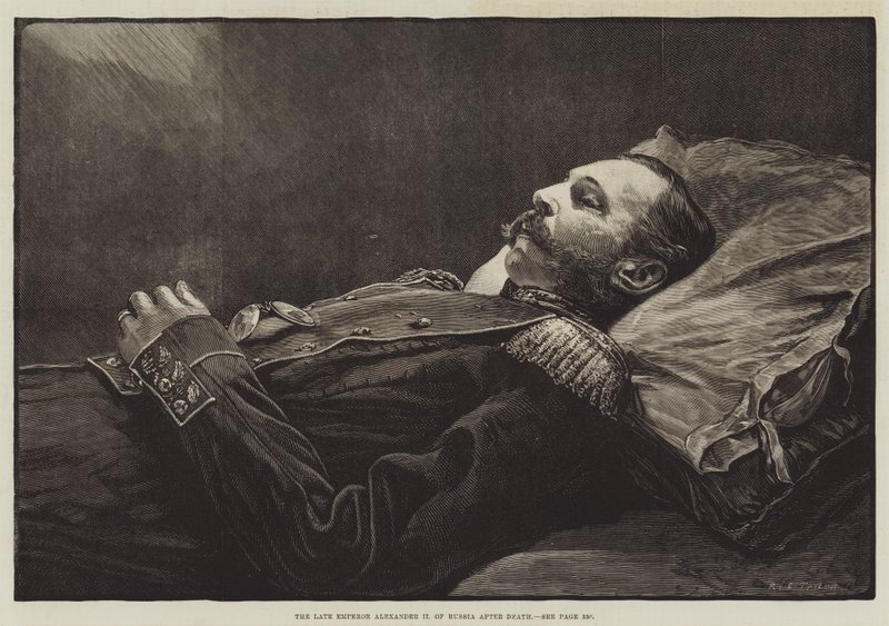 Der verstorbene Kaiser Alexander II. von Russland nach dem Tod (Stich) von English School