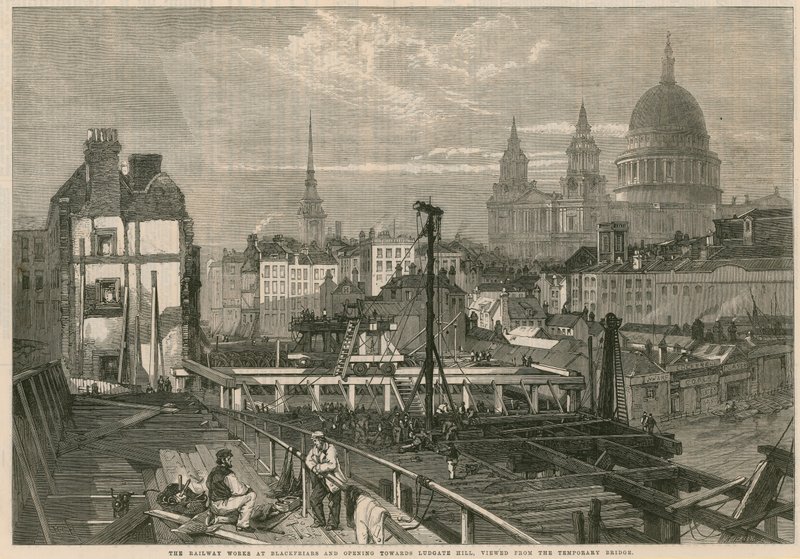 Die Eisenbahnarbeiten bei Blackfriars und die Öffnung in Richtung Ludgate Hill, London, vom temporären Brücke aus gesehen von English School