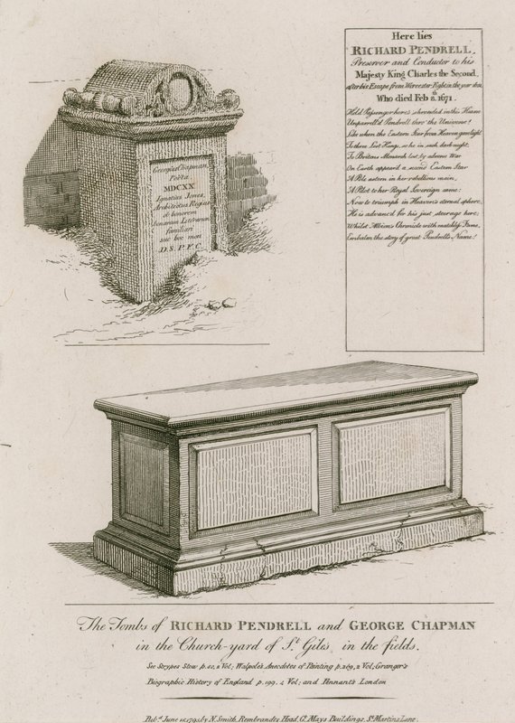 Die Gräber von Richard Pendrell und George Chapman auf dem Kirchhof von St Giles in the Fields, London von English School