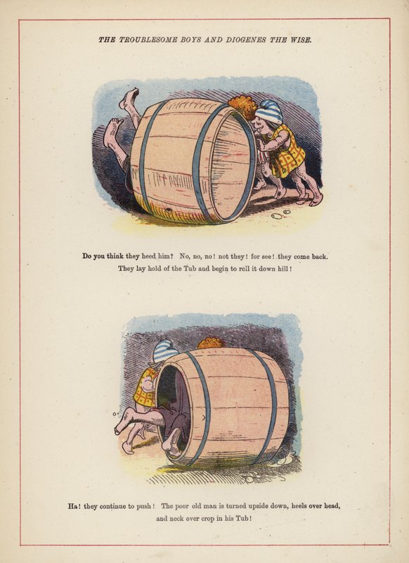 Die lästigen Jungen und Diogenes der Weise (Farblithografie) von English School