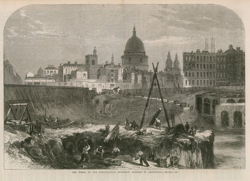 Die Arbeiten der Metropolitan Extension Railway in Smithfield von English School