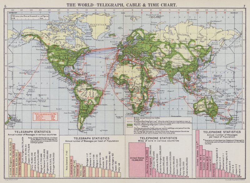 Die Welt, Telegraphen-, Kabel- und Zeitkarte von English School