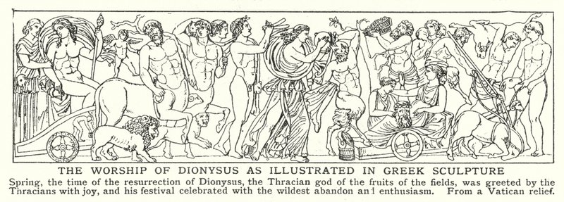 Die Verehrung des Dionysos, wie sie in der griechischen Skulptur dargestellt wird (Lithografie) von English School