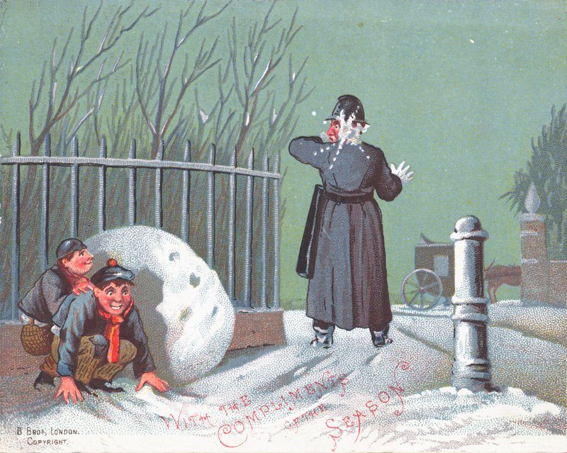 Schneebälle auf Polizisten werfen, Weihnachtskarte von English School
