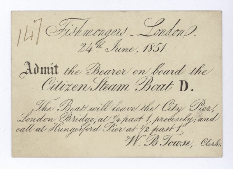 Eintrittskarte für Londoner Fischhändler zur Bootsfahrt auf dem Citizen Dampfschiff, 24. Juni 1851 von English School