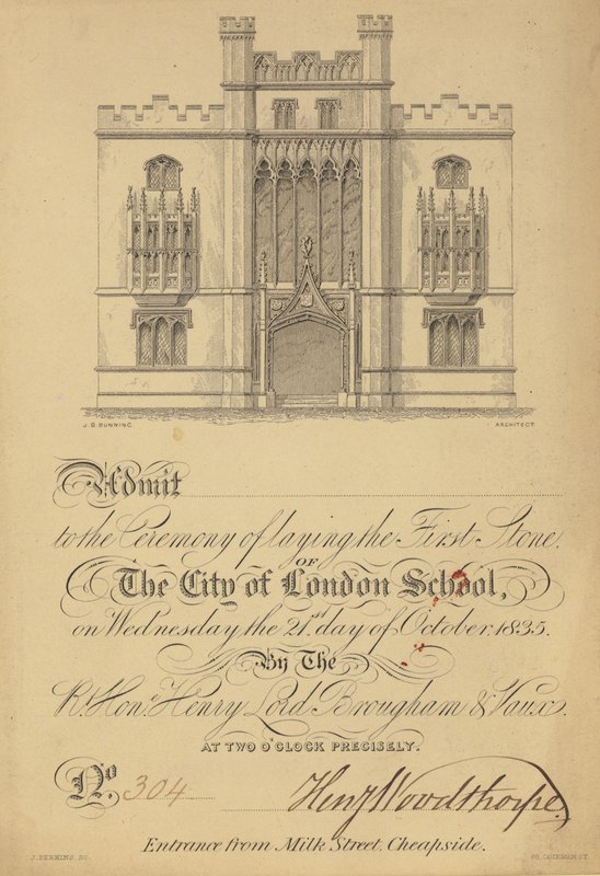Ticket für die Grundsteinlegung der City of London School, 21. Oktober 1835 von English School