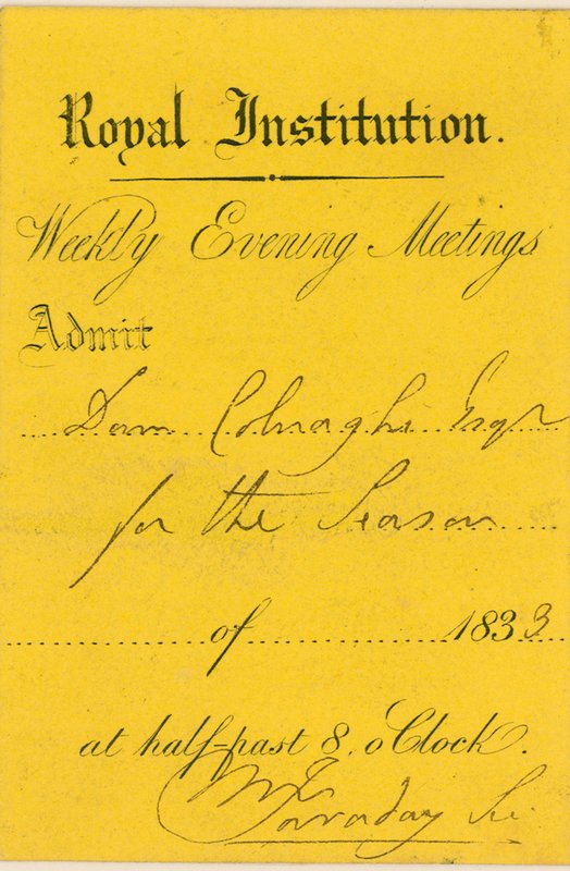 Eintrittskarte zur Royal Institution, Albemarle Street, London, zu einem Vortrag von Michael Faraday von English School