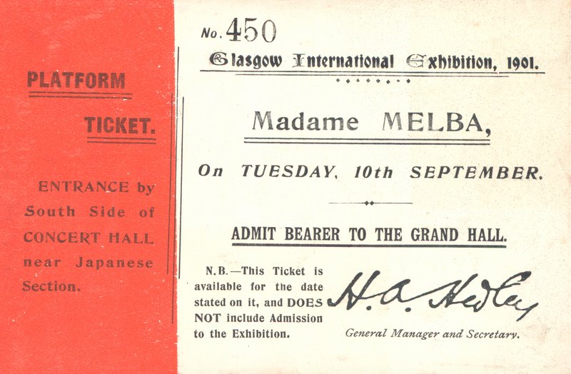 Eintrittskarte für Nellie Melba bei der Glasgow International Exhibition, 1901 von English School