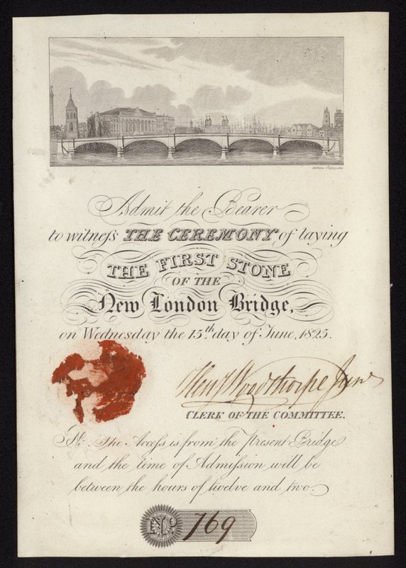 Eintrittskarte zur Zeremonie der Grundsteinlegung der neuen London Bridge von English School