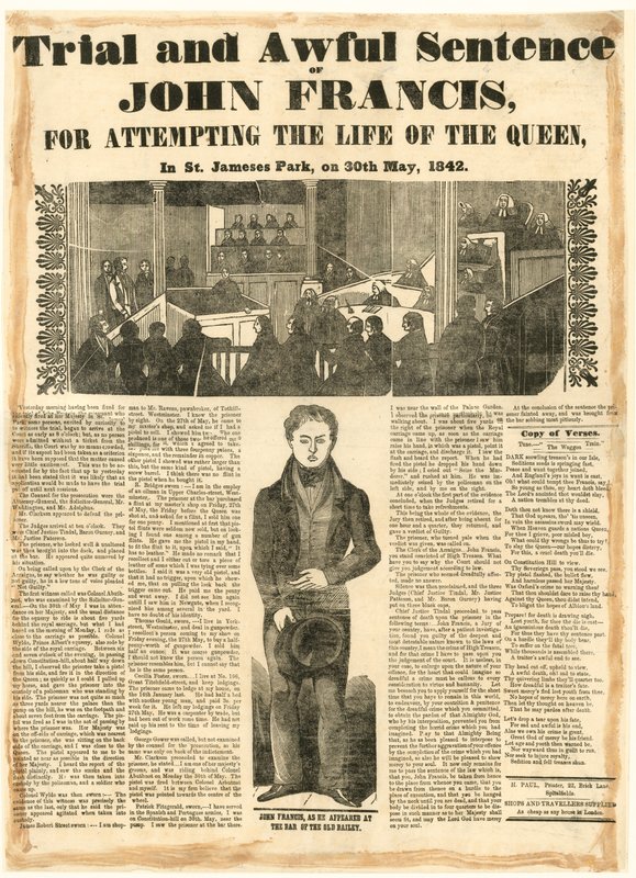 Prozess und schreckliches Urteil gegen John Francis wegen des Versuchs, das Leben der Königin am 30. Mai 1842 zu beenden von English School