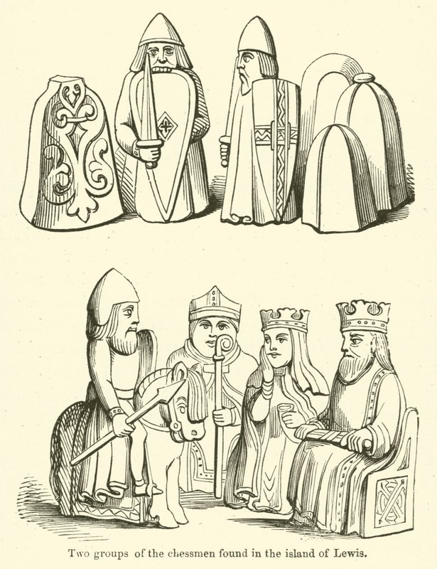 Zwei Gruppen der Schachfiguren, gefunden auf der Insel Lewis von English School