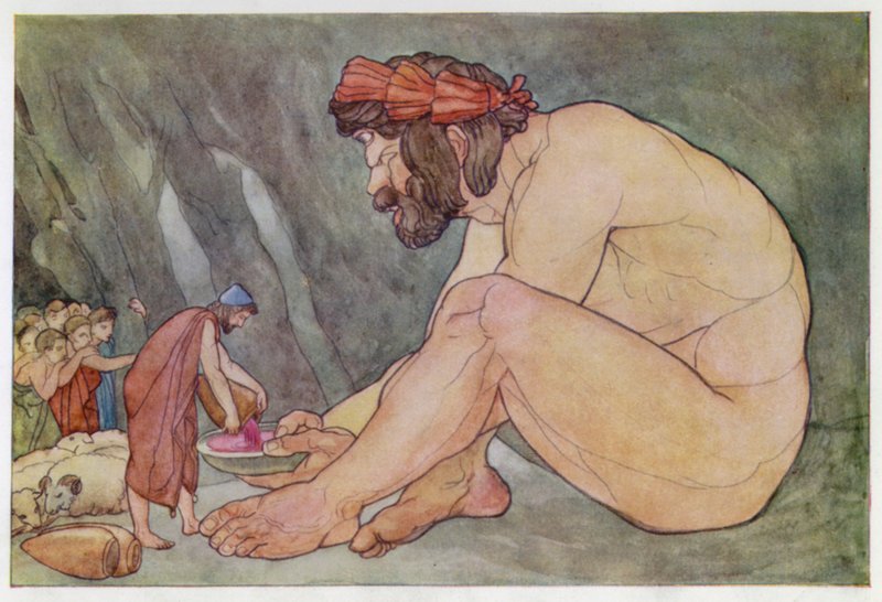 Odysseus gibt dem Zyklopen Wein (Farblithografie) von English School
