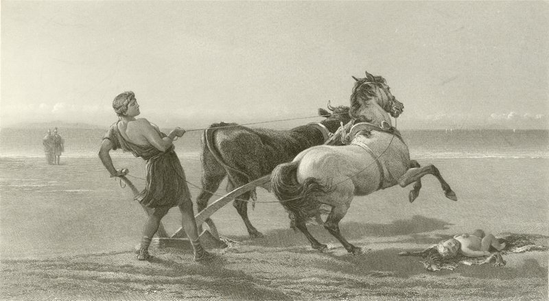 Odysseus pflügt die Küste (Gravur) von English School