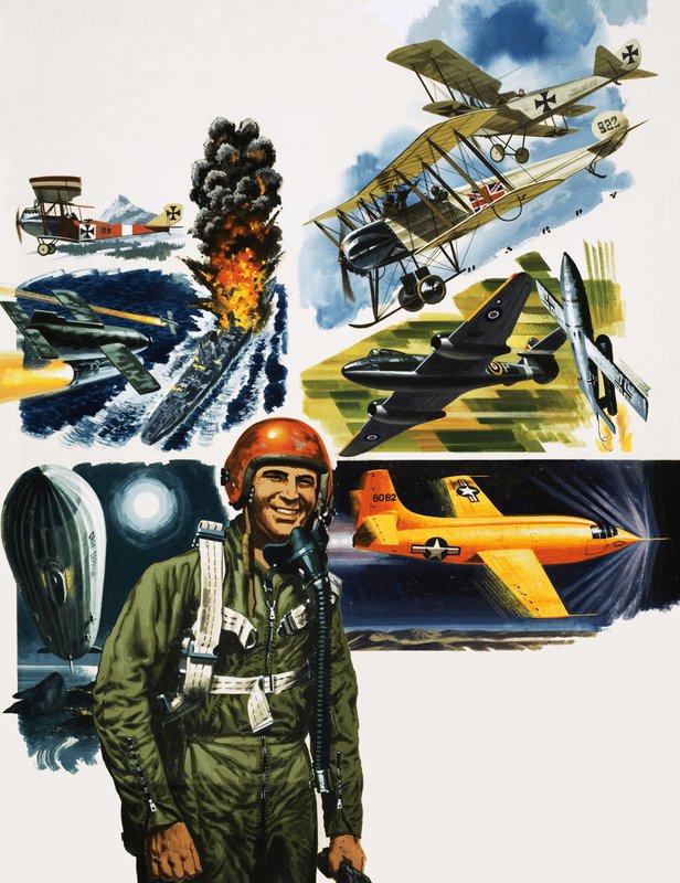 Unidentifizierter Pilot vor einer Montage von Flugzeugen von English School