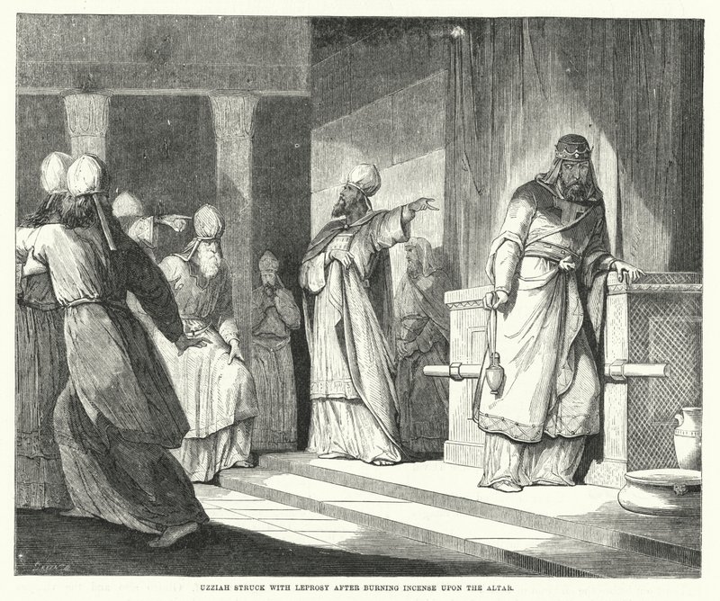 Usija mit Aussatz geschlagen nach dem Verbrennen von Weihrauch auf dem Altar (Gravur) von English School
