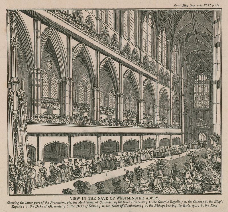 Ansicht im Kirchenschiff der Westminster Abbey während der Krönung von König Wilhelm IV. und Königin Adelaide von English School