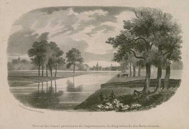Ansicht des Kanals, St Jamess Park, London, vor den Verbesserungen von English School