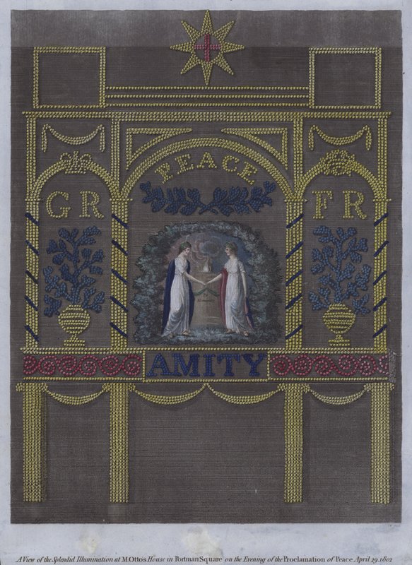 Ansicht der prächtigen Beleuchtung im Haus von Herrn Otto am Portman Square, London, am Abend der Friedensproklamation, 29. April 1802 von English School