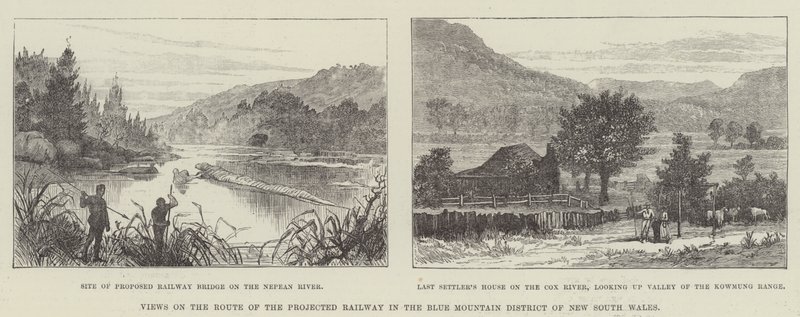 Ansichten auf der Route der geplanten Eisenbahn im Blue Mountain District von New South Wales von English School