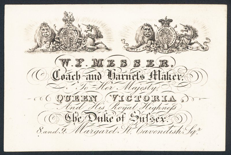 W F Messer, Kutschen- und Geschirrhersteller für Ihre Majestät Königin Victoria und den Herzog von Sussex, Visitenkarte von English School