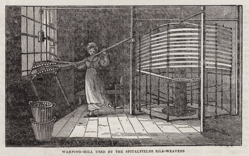 Kettbaum, verwendet von den Seidenwebern von Spitalfields (Gravur) von English School