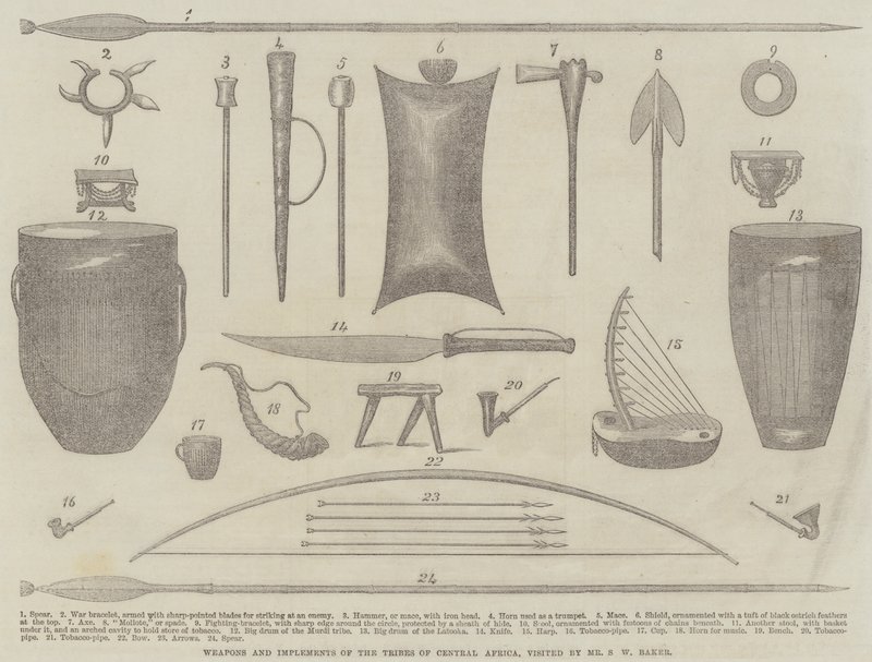 Waffen und Werkzeuge der Stämme Zentralafrikas, besucht von Mr. S. W. Baker (Stich) von English School