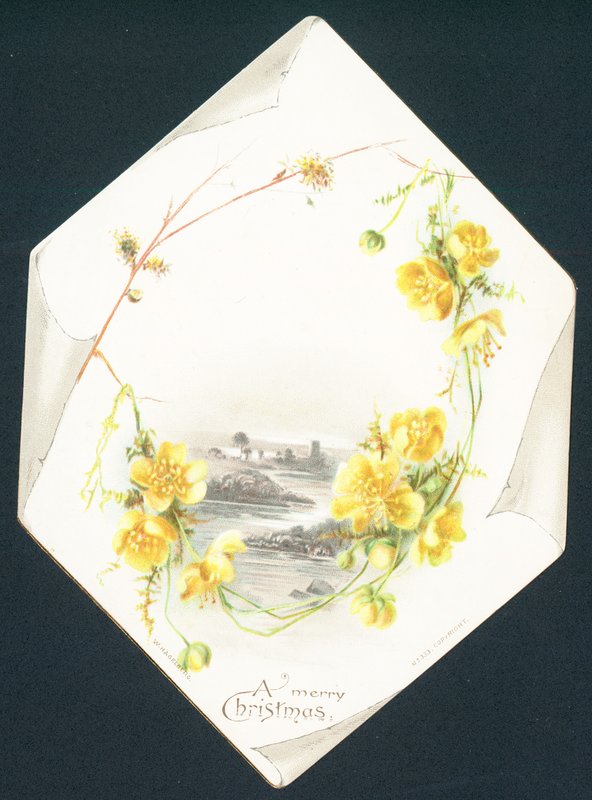 Wilde gelbe Rosen und Landschaftsszene, Weihnachtskarte von English School